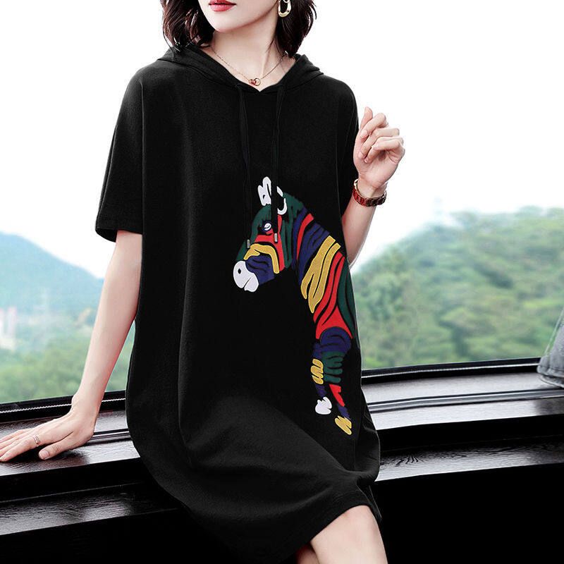Plus Size Dress Women's Summer Leisure T-shirt Skirt Loose Midi Printed Top