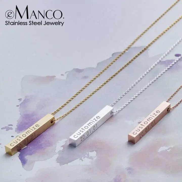 Emanco Four Sides Engraving Personalized Square Bar Custom Name Necklace Stainless Steel Pendant Necklace Women Men Gift Lazada