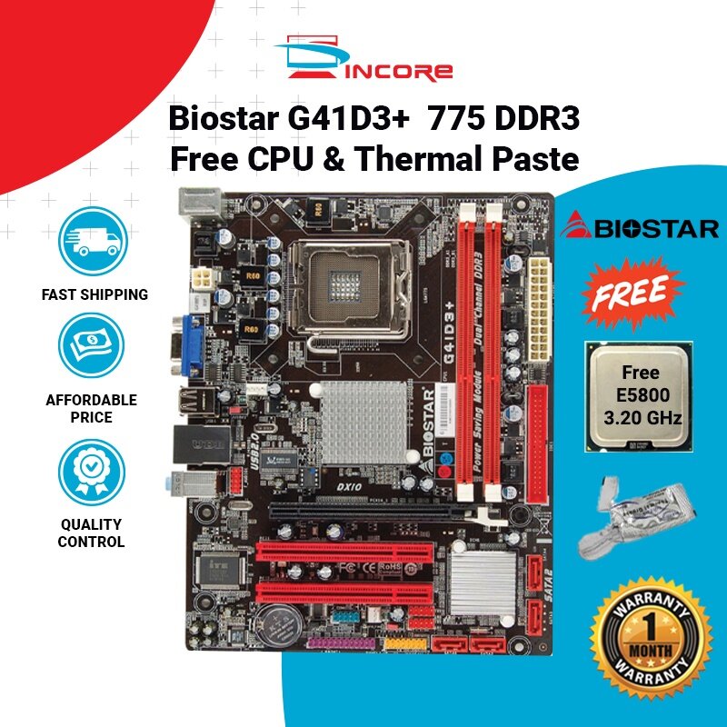 Biostar G41D3+ G41 Socket 775 DDR3 Intel Motherboard (Free E5800