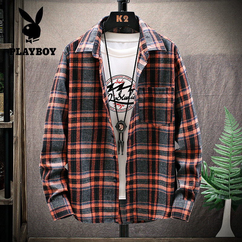 PLAYBOY New Men's Plaid Shirt Casual Shirt