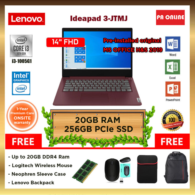 Lenovo Ideapad 3 IP3 -14IIL05 81WD00JTMJ -(20GB RAM) -Intel Core i3-1005G1 /4GB-20GB RAM /256GB SSD /Intel UHD /14 FHD /Win 10 /Ms Office /1 Year Malaysia