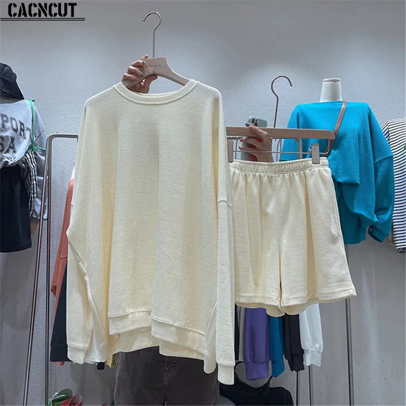 CACNCUT Korean 2 Pieces Set Loose Version Large Size Long Sleeve Hoodie+Shorts Fashion Casual Two-piece Set