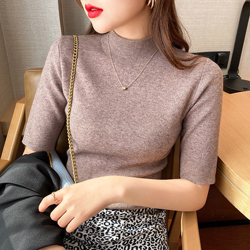 Women's Knitted Sweater Middle Sleeve Bottoming Sweater Solid Color Half Turtleneck Sweater