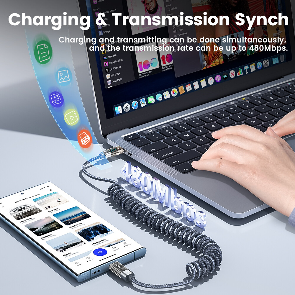 Toocki 100W Trong Suốt Loại C Để Loại C Sạc Nhanh Màn hình hiển thị kỹ thuật số Cáp 66W USB Để Loại C dữ liệu nhanh Cáp Với Mùa Xuân Có Thể Thu Vào