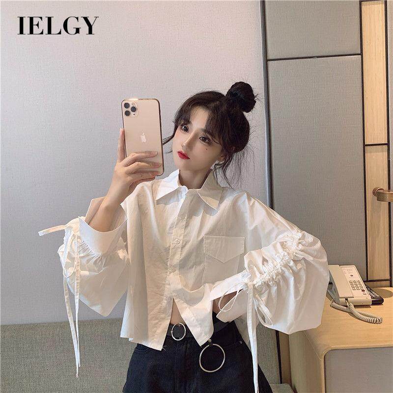 IELGY design drawstring lantern sleeve white shirt female niche western style loose crop top trendy