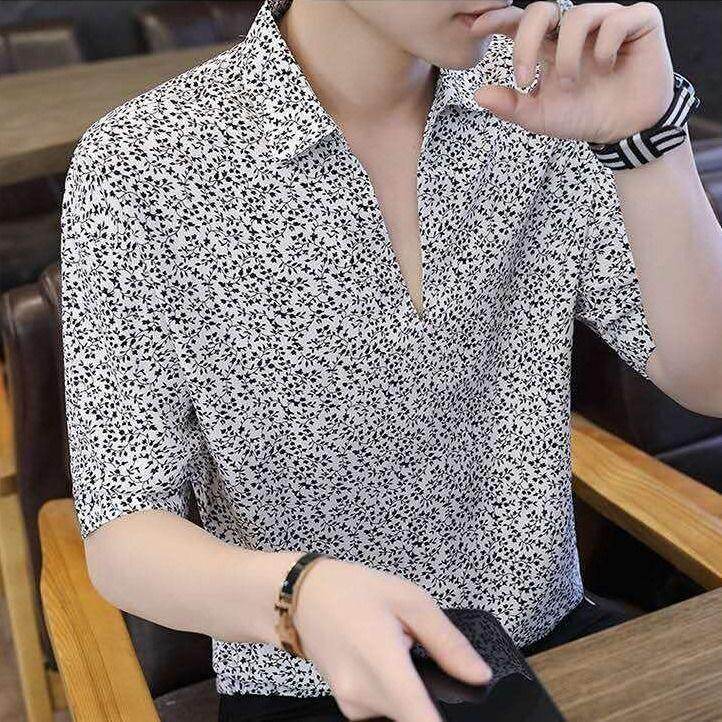 Summer Middle-sleeves Shirt for Men on Sale Trend Korean Loose Floral Polo Shirt for Men