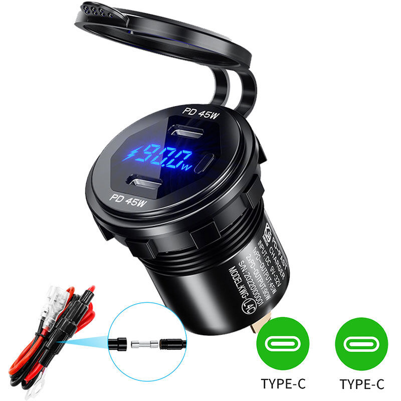 Seametal 90w quick charge car charger dual pd ports phone charger dc 12v/24v power adapter with led voltmeter