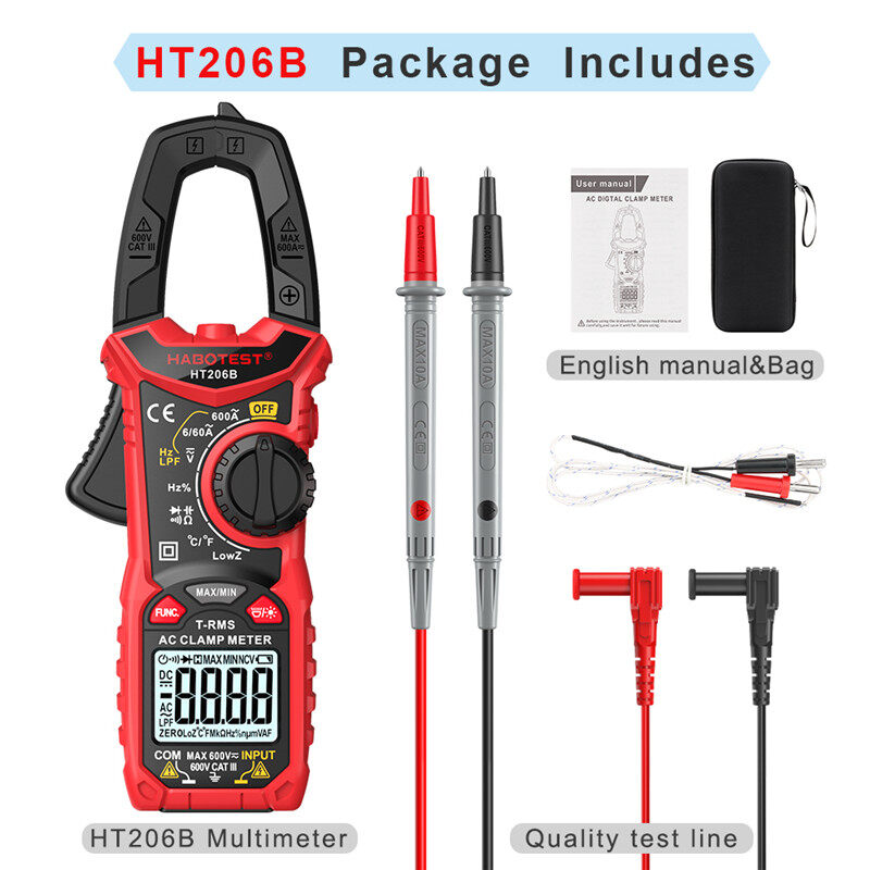 Ht206b Đồng hồ kẹp đo điện kỹ thuật số vôn kế Vôn kế Ampe kế xoay chiều hiện tại NCV RMS thật điện dung Ohm Hz Nhiệt độ vạn năng
