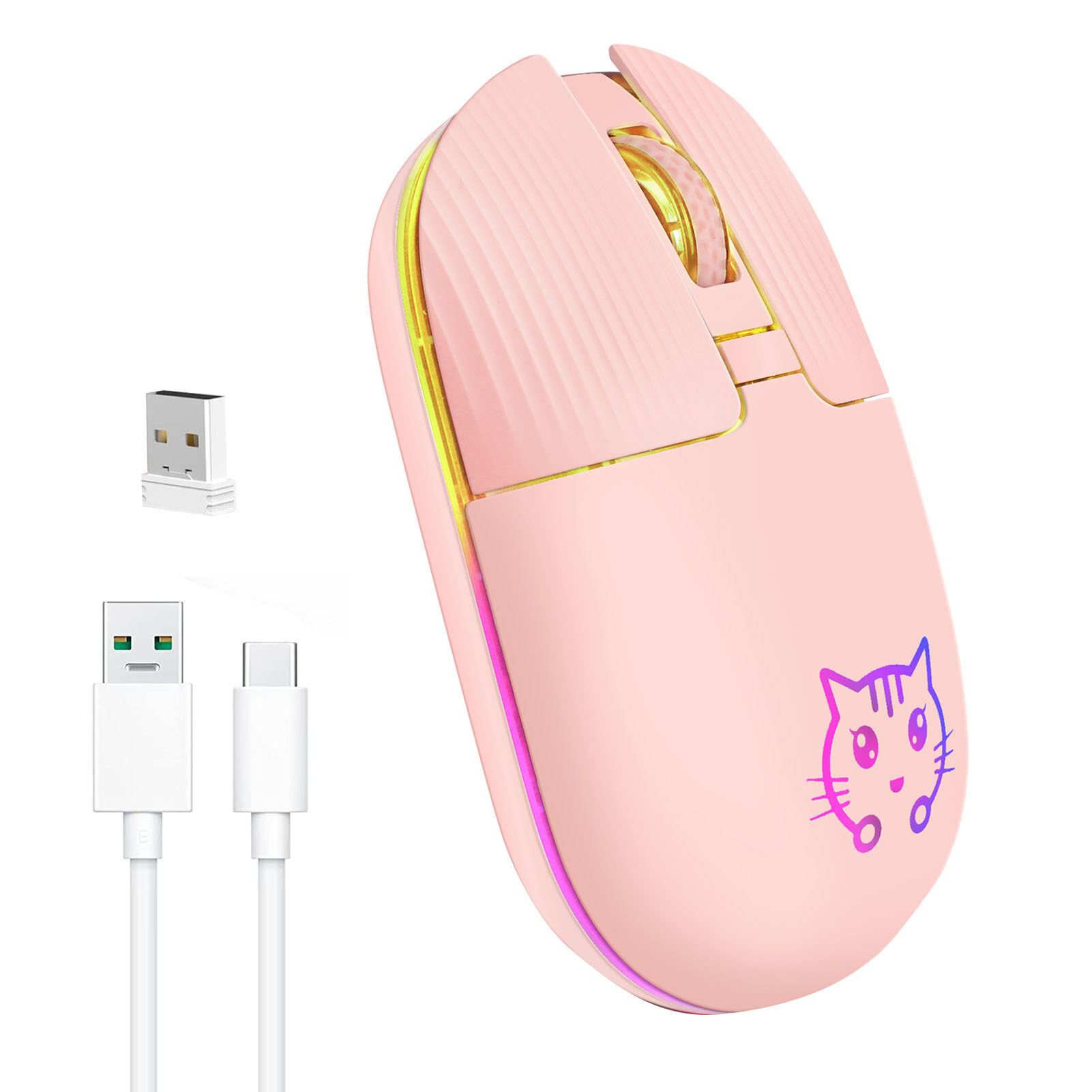 GeniusC Wireless Mouse Sensitive Mute RGB Colorful Light Ergonomic Cartoon 1600DPI 2.4GHz Optical Mouse Office Supplies Computer Mouse Smooth