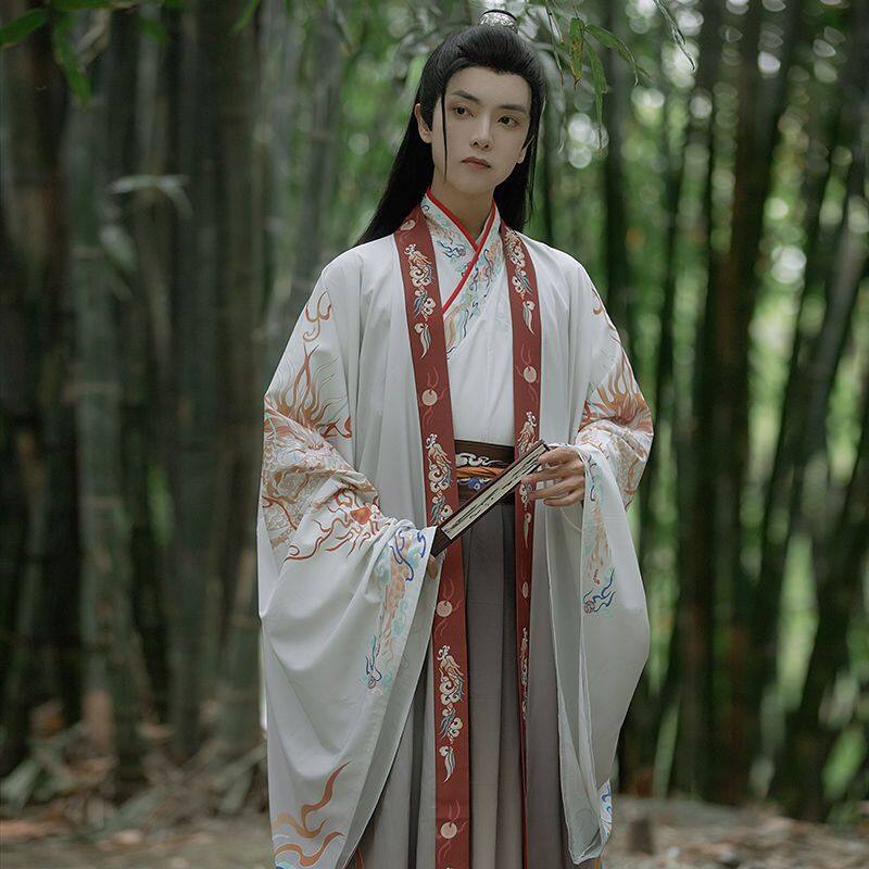 Ancient costume original Hanfu men's spring and autumn cross-collar printing suit Wei Jin style student knight big sleeves