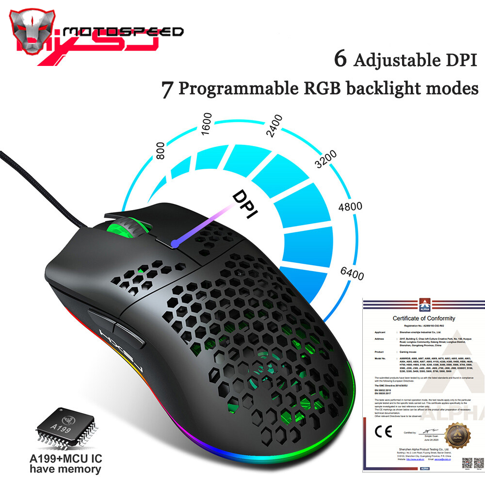 HXSJ J900 USB Wired Gaming Mouse RGB Gaming Mouse with Six Adjustable DPI Ergonomic Design for Desktop Laptop Black