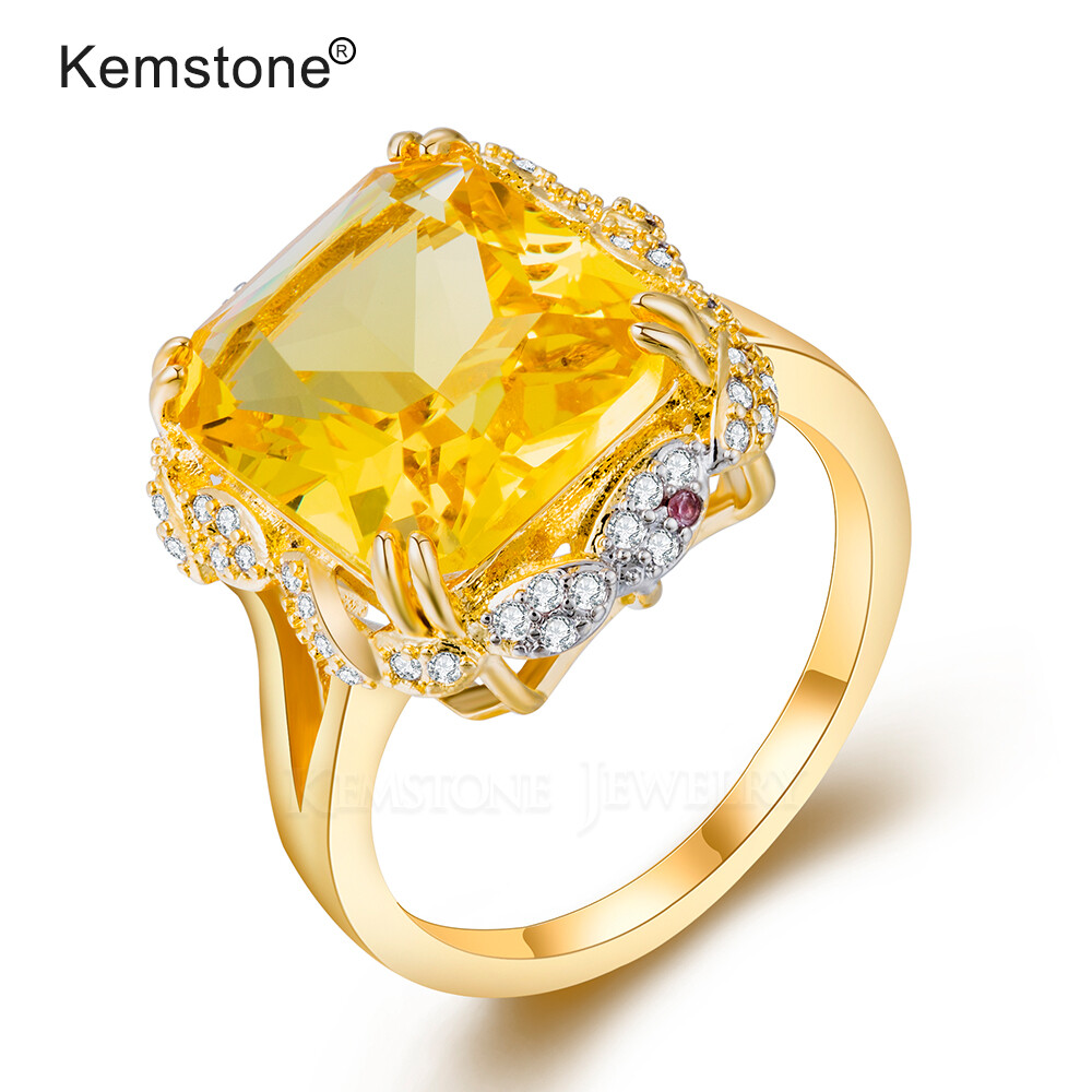 Kemstone Exaggerated Champagne Gold Color Yellow Crystal Square Ring Jewelry Female Gift