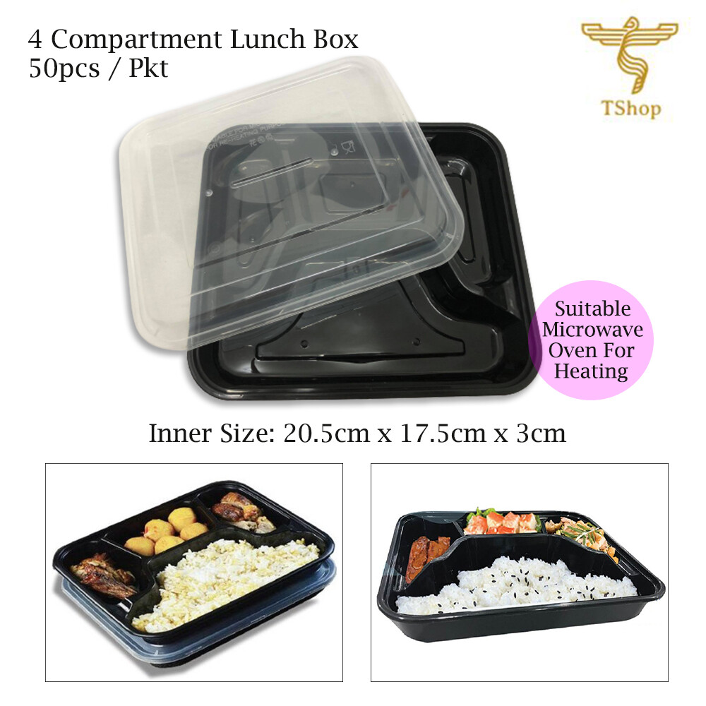 50pcs Plastic Container Bekas Makan Tapau 4 Compartment Lunch Box Black Base With Lid Ya495 Cm Lazada