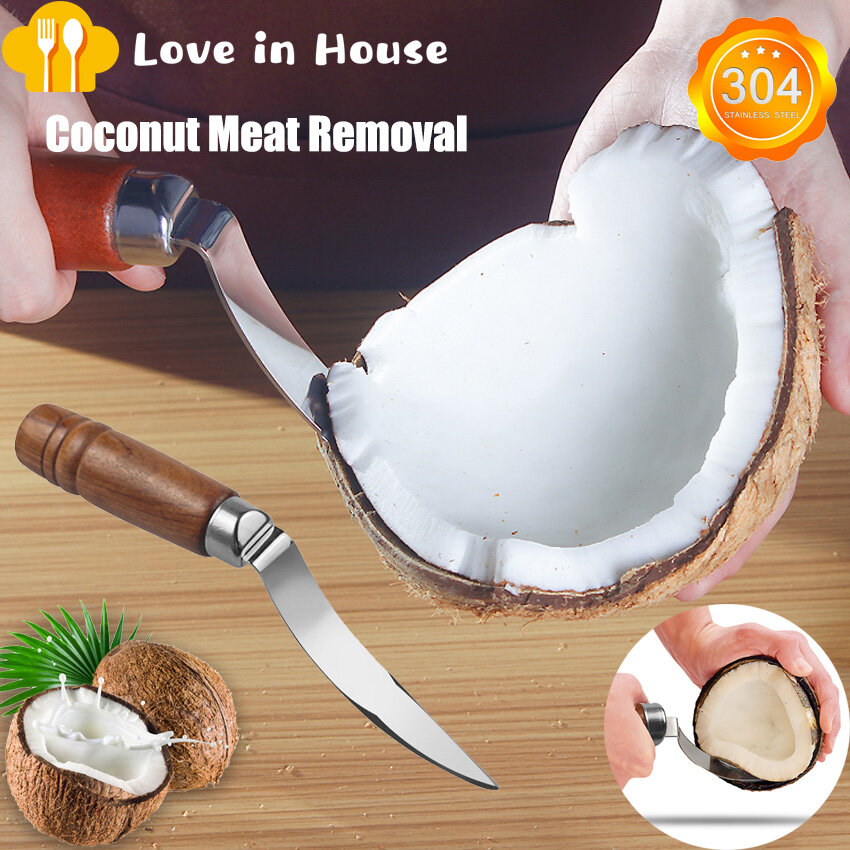 Coconut Tool Stainless Steel Coconut Meat Removal Durable Wooden Handle Coconut Opener for Kitchen Coconut Meat Remover
