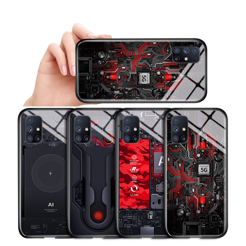 Hontinga Casing Case For Samsung Galaxy M51 Case Technology Circuit Board Explorer Exploration Theme Version Cases Tempered Glass Back Cover Casing Phone Case Hard Case For Boys For Men