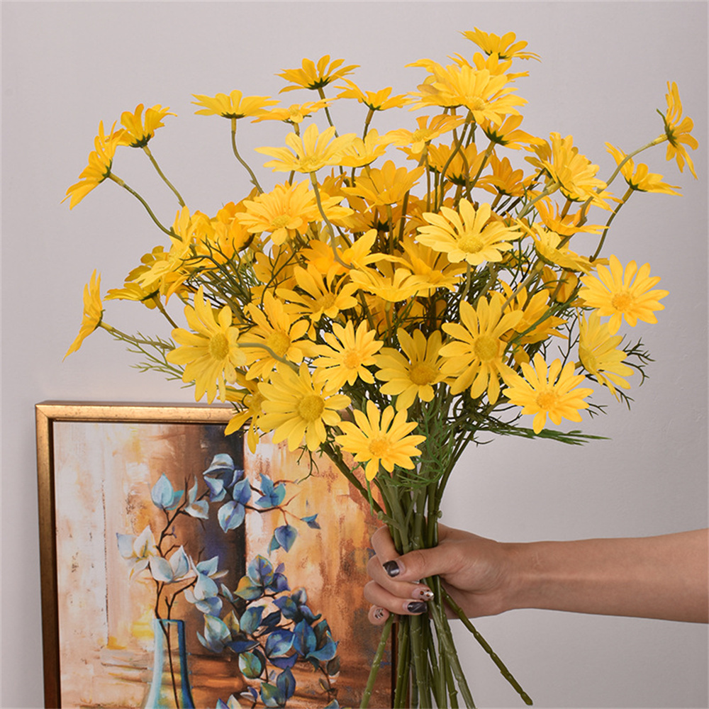52cm Yellow Daisy Artificial Flowers Decorative 5 Flower Head Silk White Chamomile Home Desktop Decorative Vase Fake Flowers