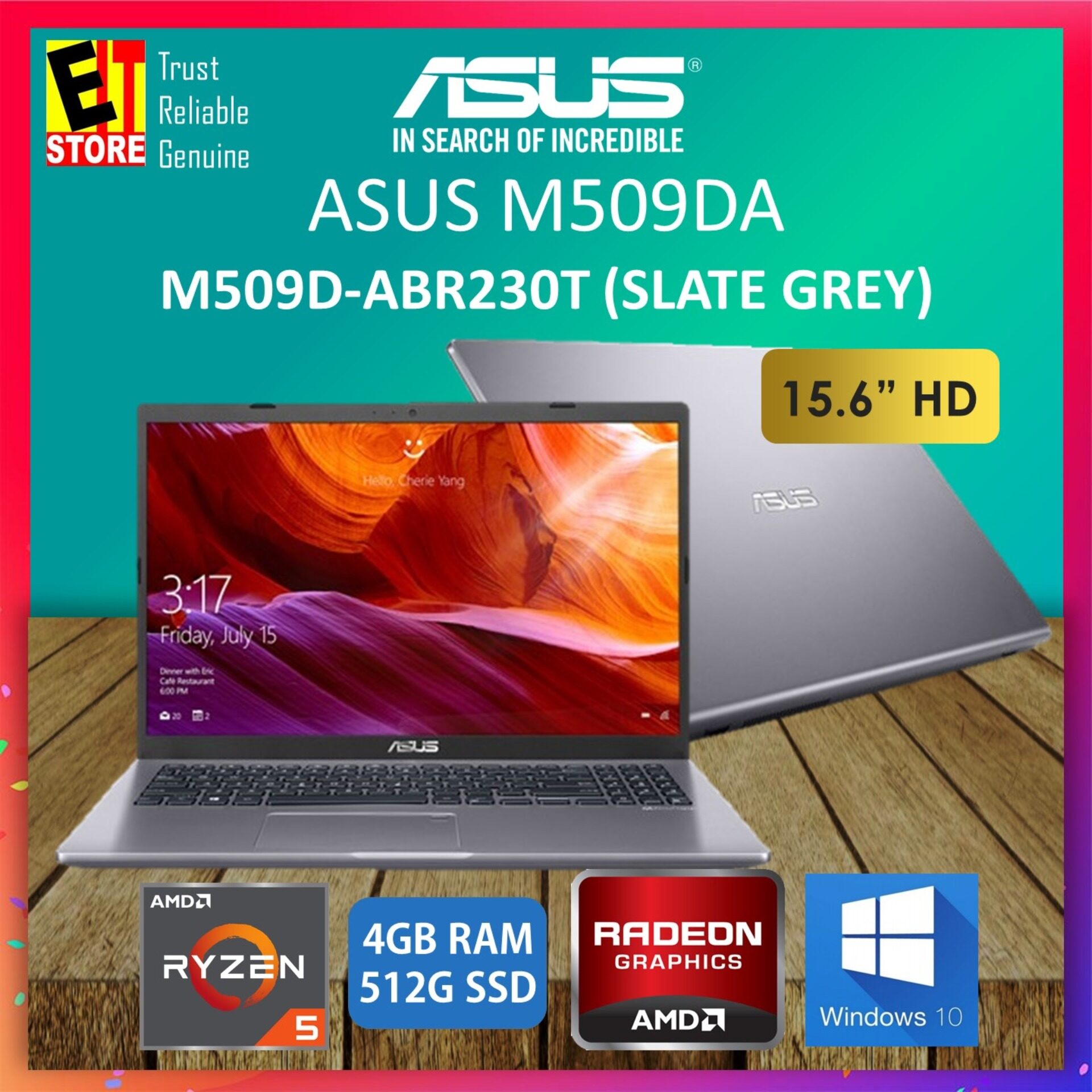 ASUS LAPTOP 15 M509D-ABR230T SLATE GREY (RYZEN R5-3500U/4GB/512GB SSD/15.6 HD/RADEON/W10/2YRS) + BAG Malaysia