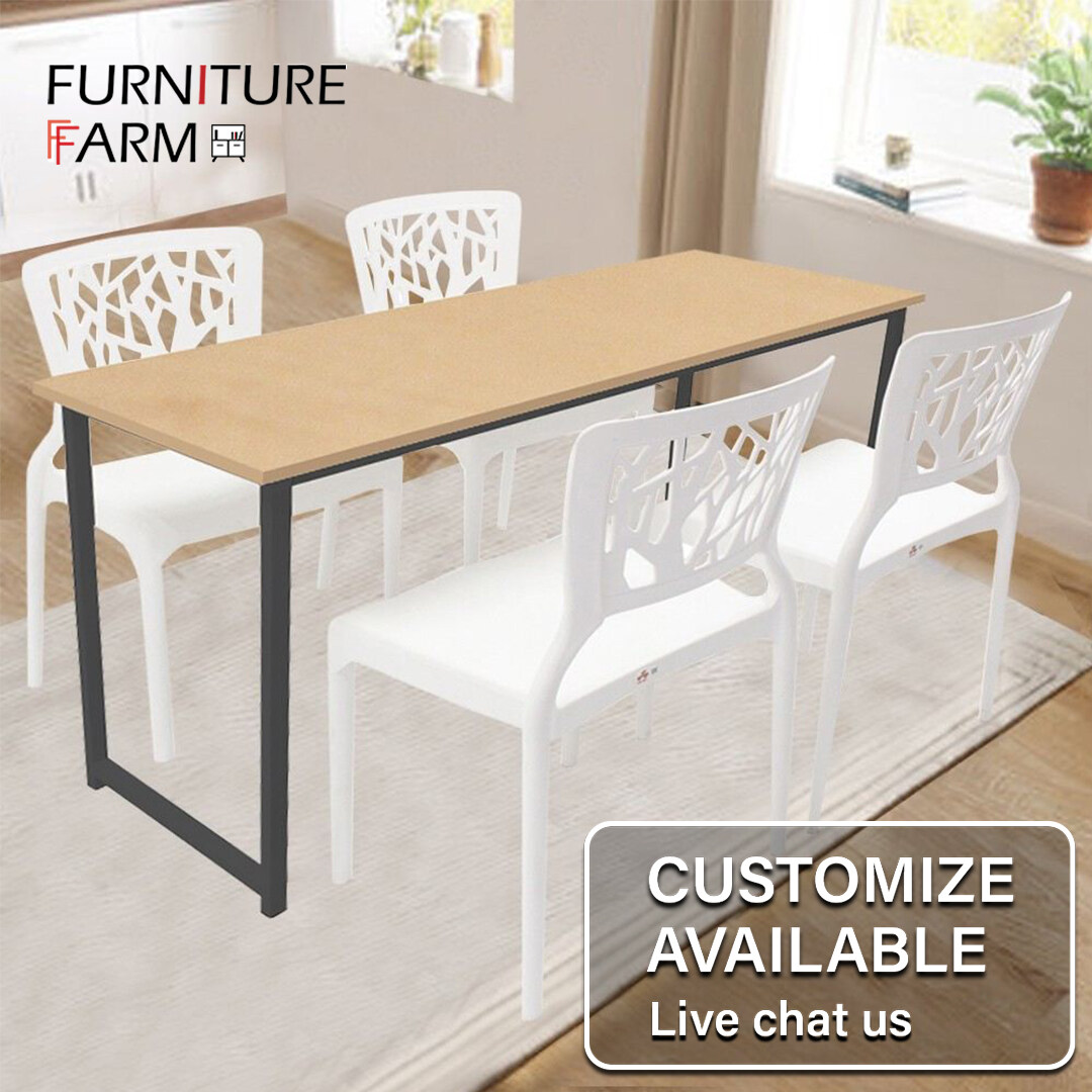 F&F [120x60] Contemporary Dining Table Black Steel with 4 White 3V
