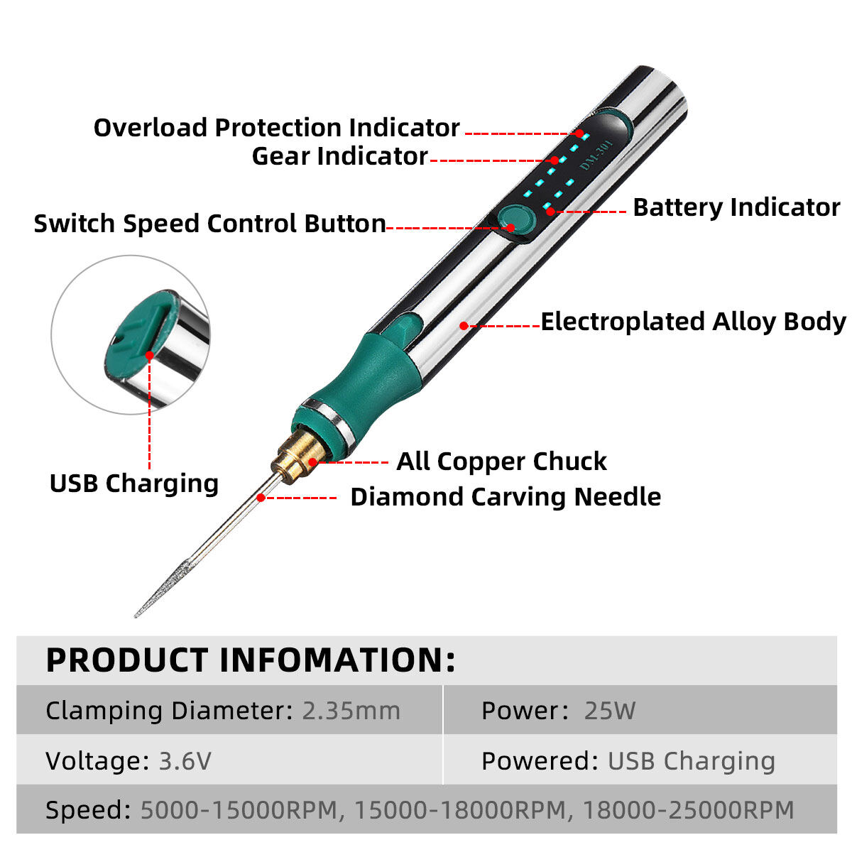 Máy Khoan Mini 25000RPM Máy Mài Điện Bút Khắc Máy Khoan Sạc USB 3 Tốc Độ Thay Đổi Dụng Cụ Xoay Bút Khắc Để Mài Đánh Bóng