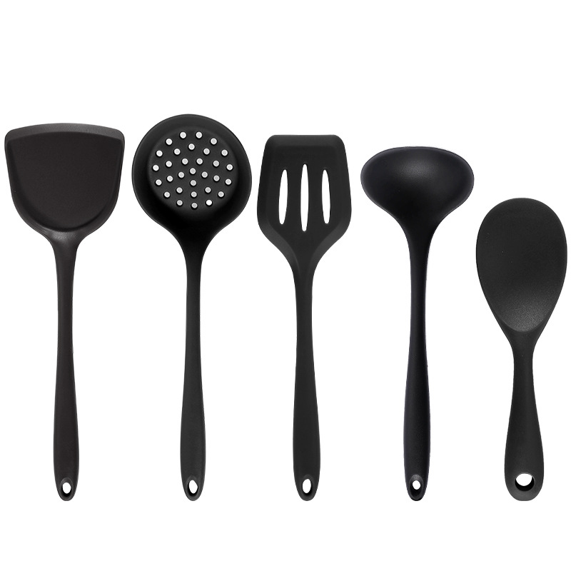 JustLiving Black Silicone Kitchen Utensil Non Stick Utensils Cooking Tool Spoon Soup Ladle Turner Spatula Household Temperature-resistant Kitchenware Silicone Spoon and Spatula Set