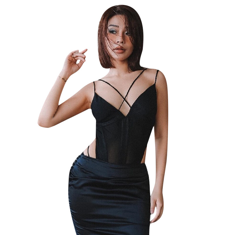 2023 Korean women jumpsuit sleeveless patchwork mesh bandage jumpsuit bodysuit sexy backless dress jumpsuit