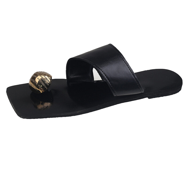 Square head metal buckle clip toe women's slippers summer flat show thin personality set toe Roman sandals