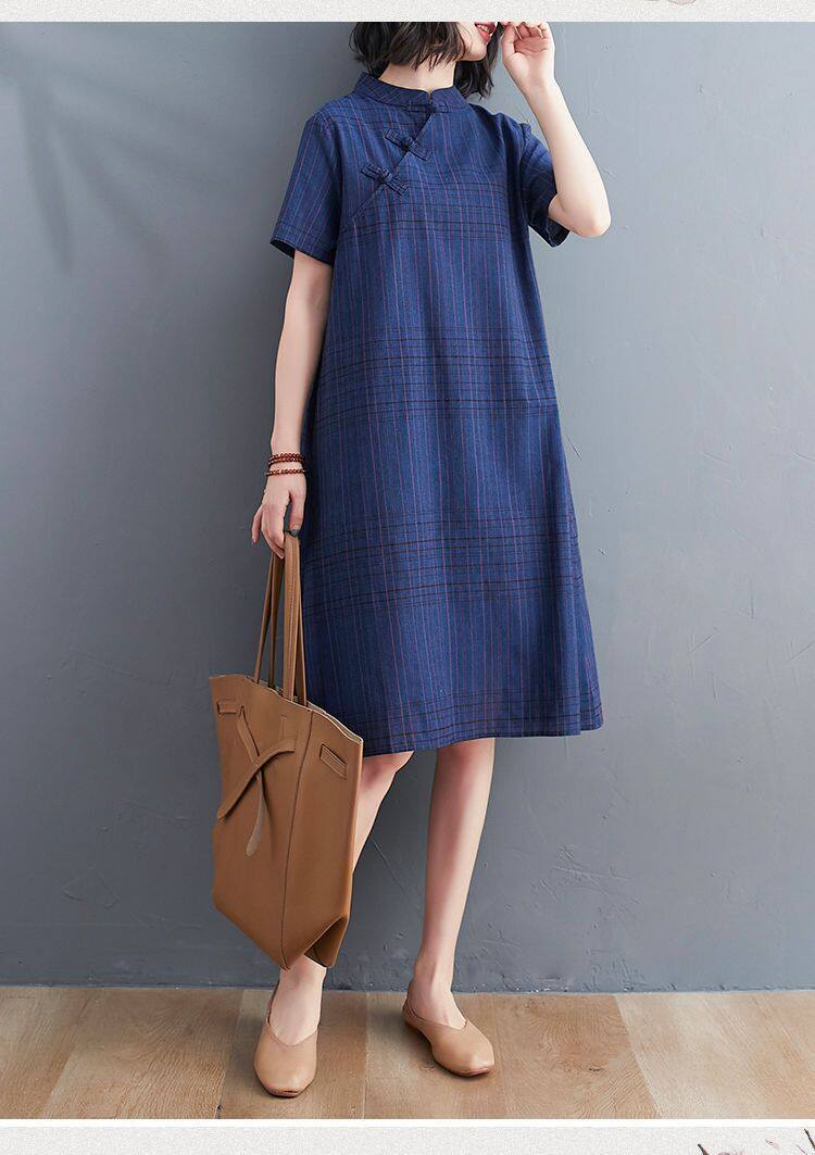 Pure cotton Chinese cheongsam dress Ethnic literary cotton and linen plaid dress female outfit