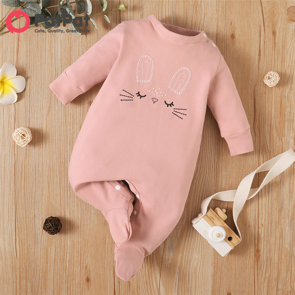 PatPat Baby Girl Clothes 100% Cotton Rabbit Embroidery or Rainbow Print Footed/footie Long-sleeve Baby Jumpsuit Romper for 0-12 Months