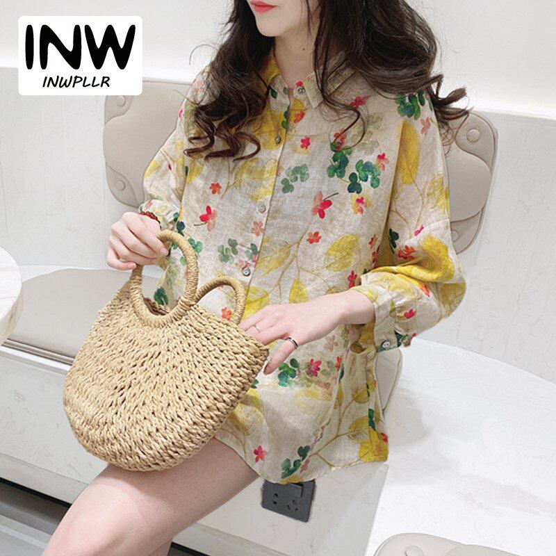 Áo Cánh Nữ Phong Cách Hàn Quốc INWPLLR Áo In Hoa Thời Trang, Áo Sơ Mi Tay Cánh Dơi Thường Ngày Mùa Hè, Áo Cánh Nữ Dài Tay In Họa Tiết Phù Hợp Áo