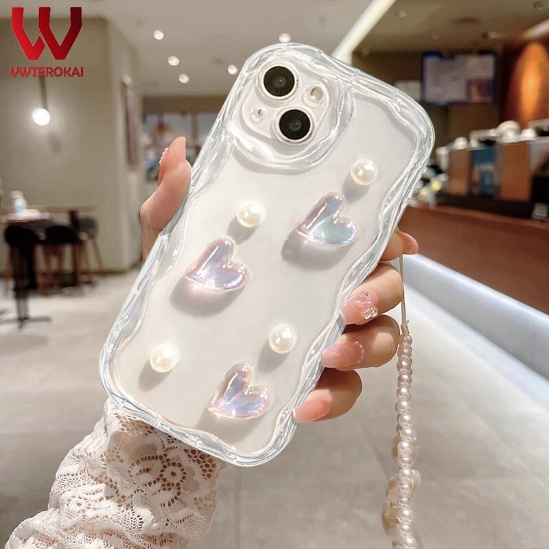 VWTEROKAI Luxury Bling 3D Pearl Love Cream Wave Phone Cases For Samsung Galaxy S23 Ultra / S22 Ultra / S21 Ultra/ Samsung A14 A13 A12 A10/M10 A10S A11/M11 A03 A23 A50/A30S/A50S A52 /A52S Soft Back cover+Pearl lanyard