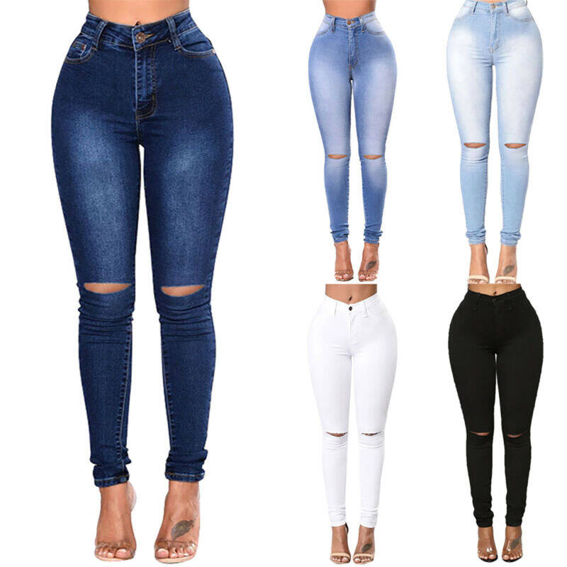 Womens Fashion Skinny Ripped Denim Jeans Stretchy Summer Casual Pencil Pants Trousers