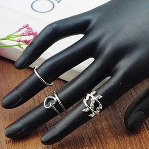 Gravitational wave 4Pcs/Set Rhinestone Leaf Heart Above Knuckle Midi Stack Ring Boho Party Jewelry