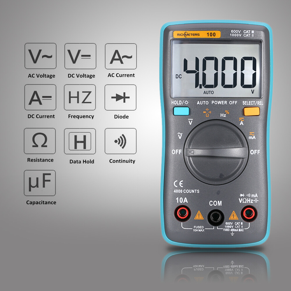 RICHMETERS RM100 Multimeter True RMS Multifunctional LCD Digital Multimeter DMM DC AC Voltage Current Resistance Diode Continuity Capacitance Frequency Duty Tester Measurement Automatic Polarity Identification Ammeter Voltmeter Ohm