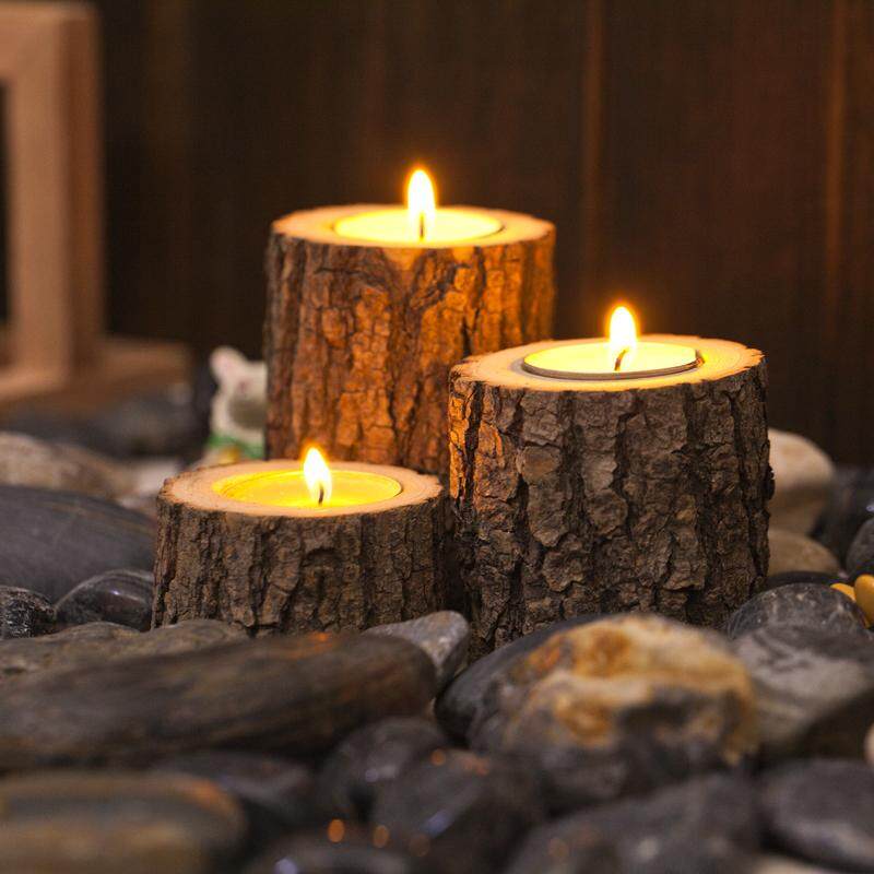 3PCS Natural Tree Stump Wooden Candle Holder Tea Light for Romantic Candlelight Dinner Wedding Decoration