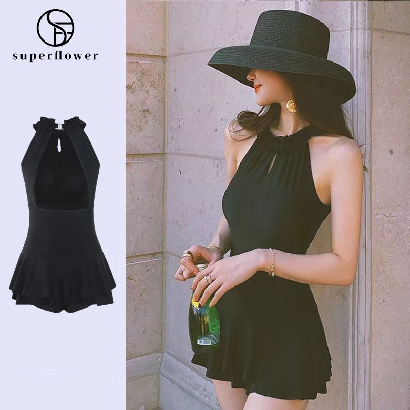 SUPERFLOWER Rochie superbă dintr-o singură bucată, neagră, fără spate, pentru o vacanță la piscină la plajă_voghion.com
