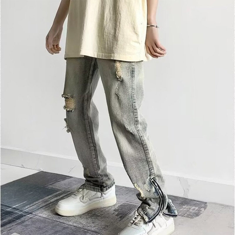 YIPINYOUYOU丨Men's pants loose straight jeans zipper design ripped style