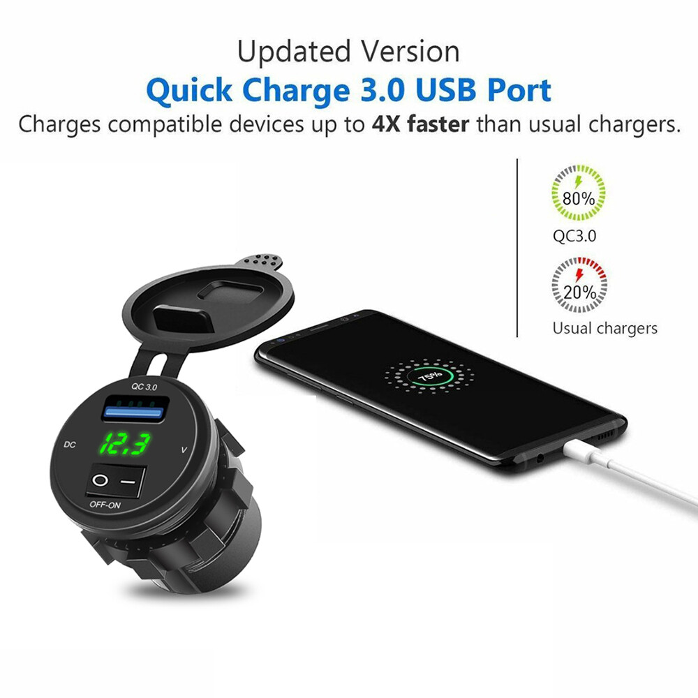 Kebidumei Quick Charge 3.0 USB Car Charger Socket Digital Display Voltmeter USB Charger Socket With ON OFF Switch For Car Motorcycle