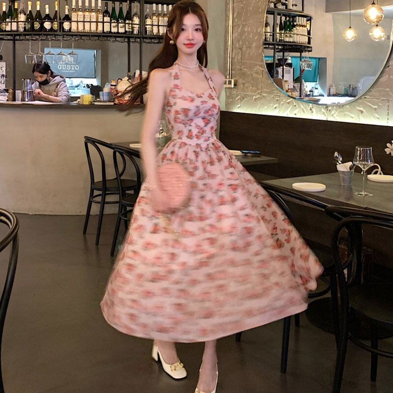 Zebina Korean version of the sleeveless word-neck seaside holiday suspender skirt waist large size small fresh print dress