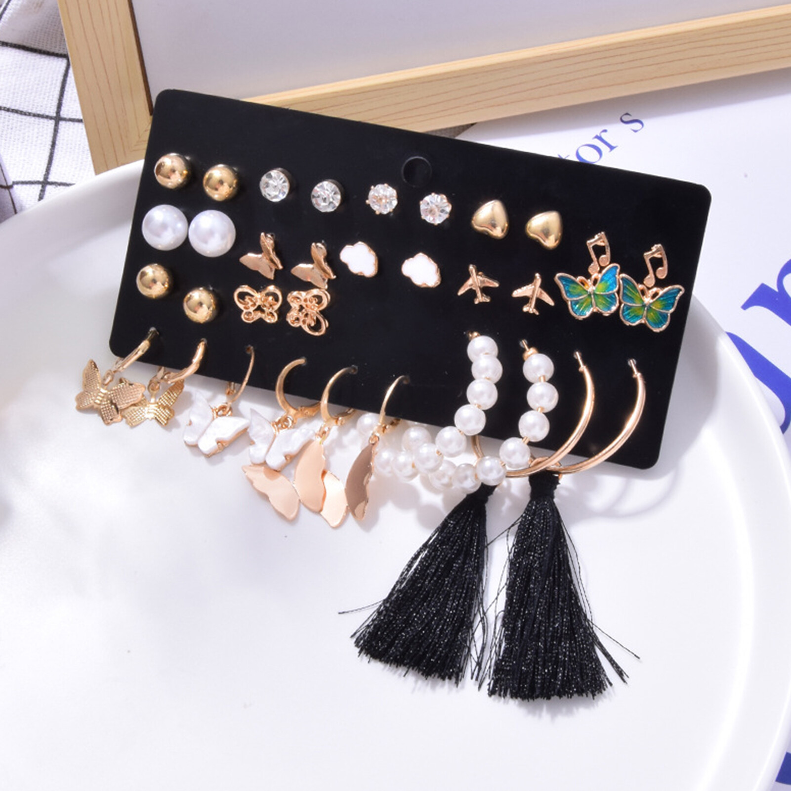 1 Set Stud Earrings Set Bohemian Style Multi Shapes Butterflies Imitation Pearl Long Tassel Hanging Earrings Set Dating Jewelry 1 Set Fabulous