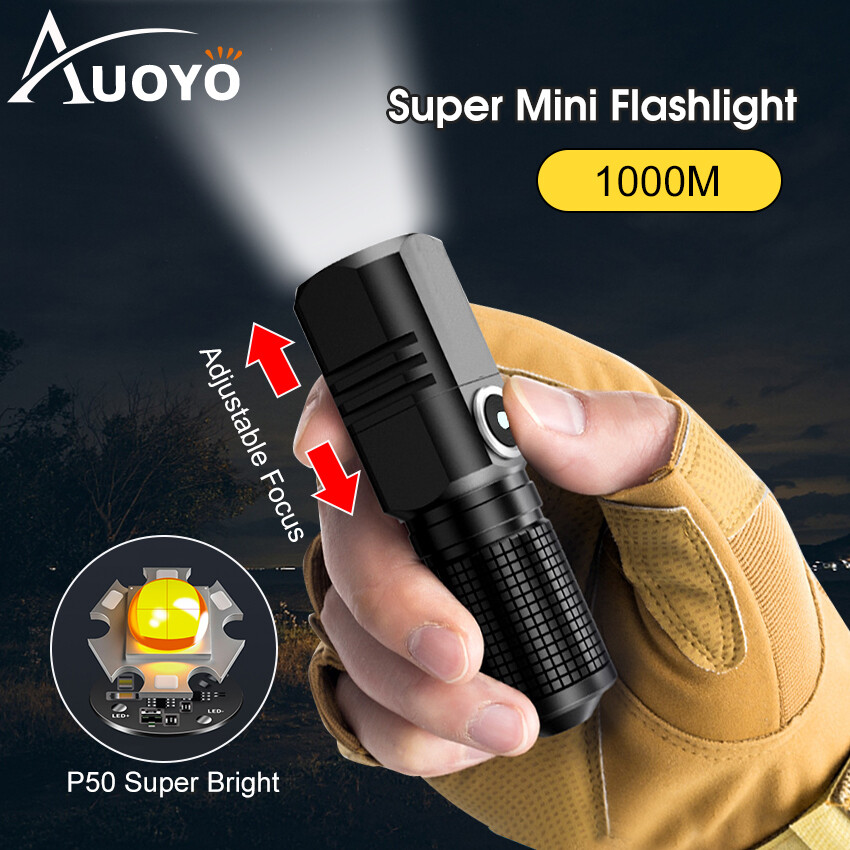 Auoyo Mini Flashlight LED Torch Light Telescopic Focus Flashlight Portable Rechargeable Flashlight Zoom Outdoor Pocket Size Waterproof Flashlight Strong Light 1000m Distance for Hiking Camping