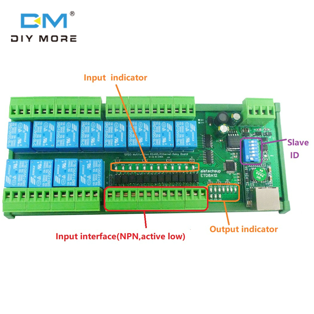 diymore 2 IN1 12 DIO Ethernet/RS485 Relay Switch Module Modbus RTU TCP/IP Network Controller PLC Expansion Board 12V 24V