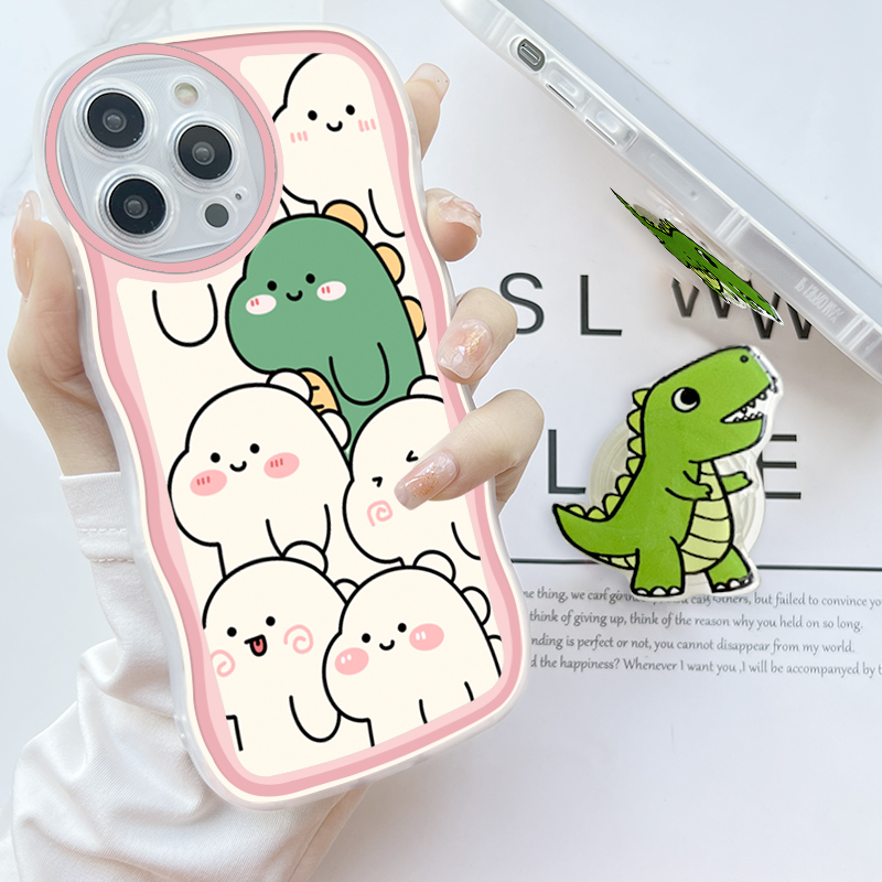(With Free Holder) Jizetin Phone Casing For Xiaomi Redmi Note 10 Note 10S Note 10 Pro Note 10 5G Note 9 Note 8 Fashion Soft Wavy Phone Case Dinosaur Cartoon Shockproof Cellphone Casing Full Cover Camera Protection