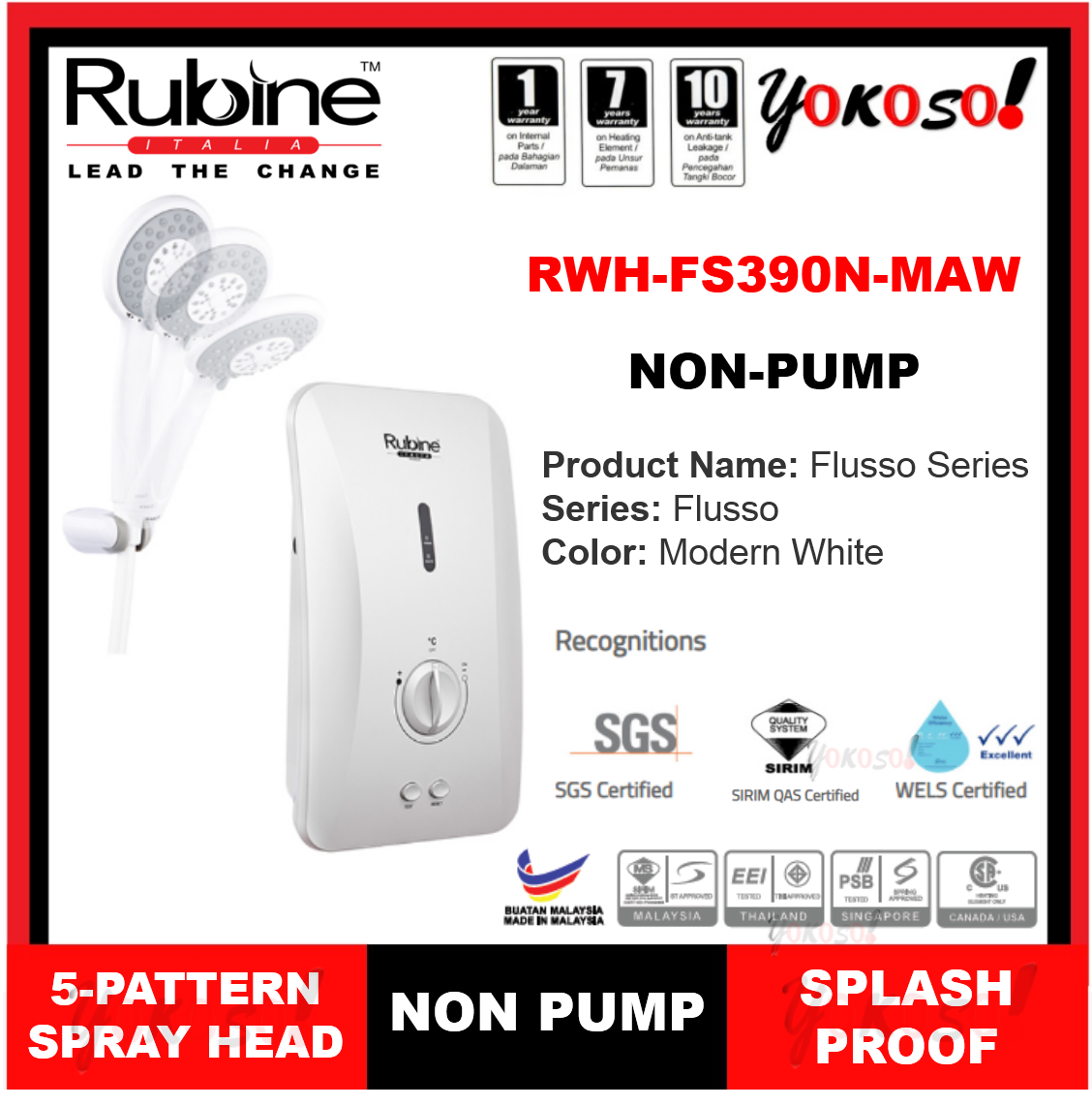 RUBINE RWH-FS390N-MAW WATER HEATER NON-PUMP ELCB (MODERN WHITE) | Lazada