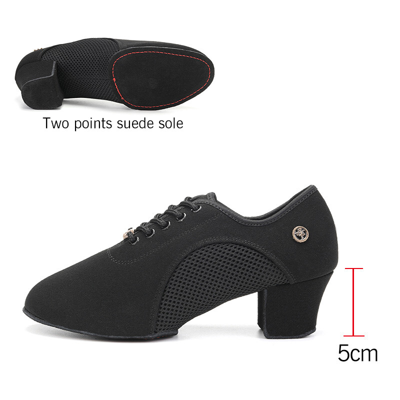 Women's Latin Ballroom Dance Shoes Lacing up Practice Closed Toe Modern Salsa Dance Teaching Performance Dance Shoes Black High Heel Mesh Dance Training Shoes