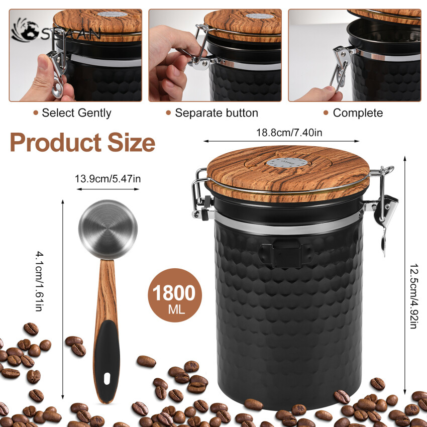 Airtight Coffee Canister With Vacuum Lid (Coffee Tea Container, Stainless Steel Storage Tin, Storage Jar Matte Black (1800ml))