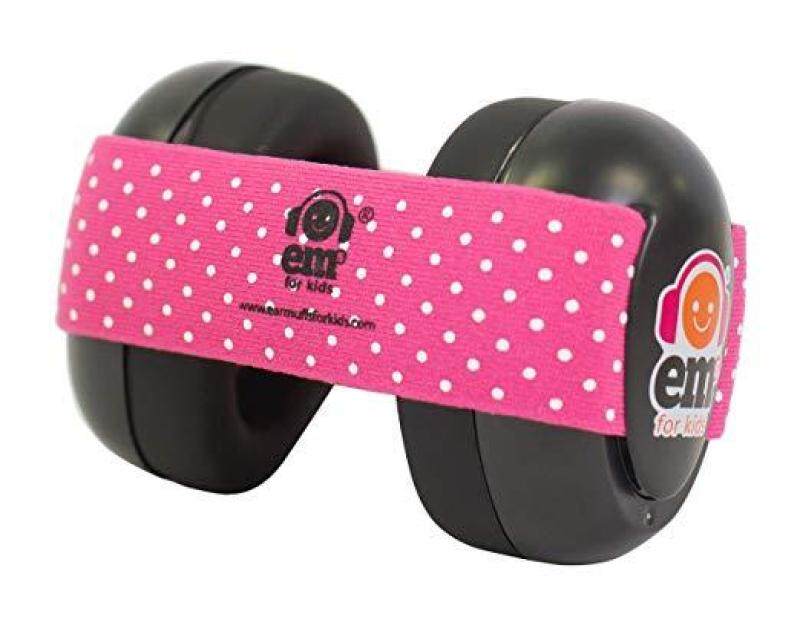 EMs for Kids Baby Earmuffs, PINK/WHITE ON BLACK (Made in USA, for babies 0 - 18 months)