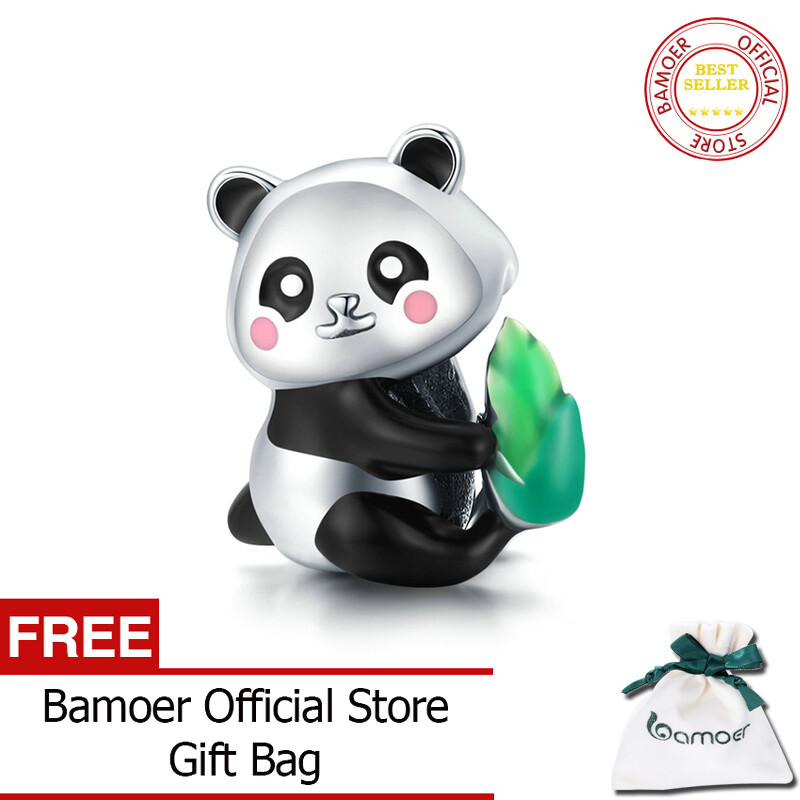BAMOER Silver Animal Cute Panda Cub with Bamboo 925 Sterling Silver Charm Pendant for Original Bracelet Bangle Women SCC1832