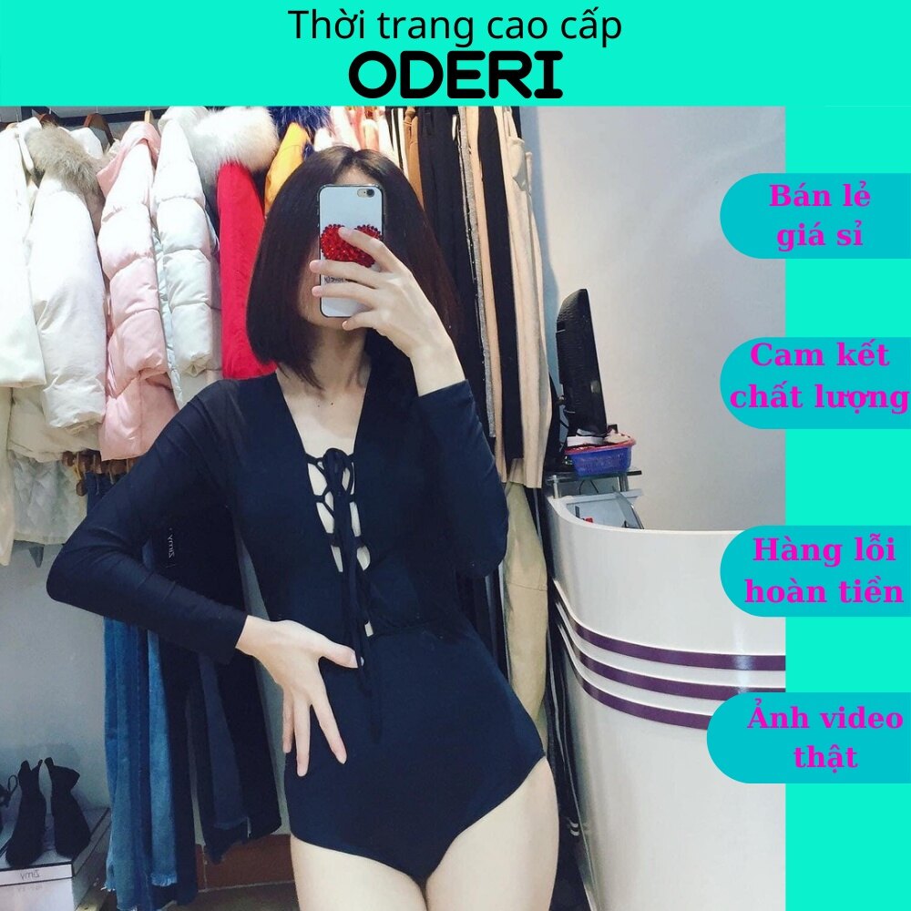 Bikini đồ bơi một mảnh thân liền đen tay dài đan ngực 00620 oderi