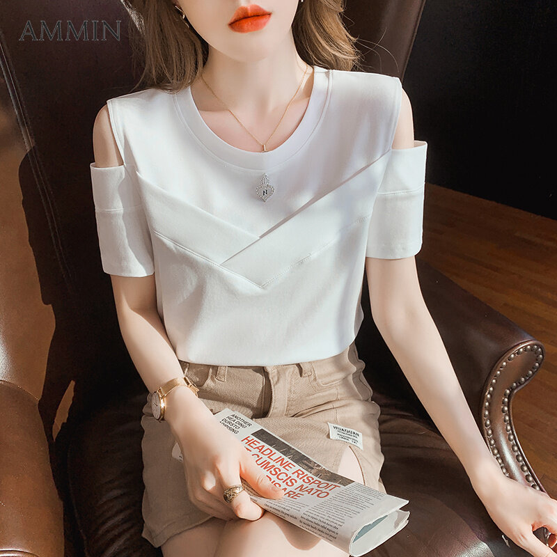 AMMIN Áo Hở Xương Đòn Cá Tính Khí Chất Đôi Ngắn Cho Nữ Áo Quây Thiết Kế