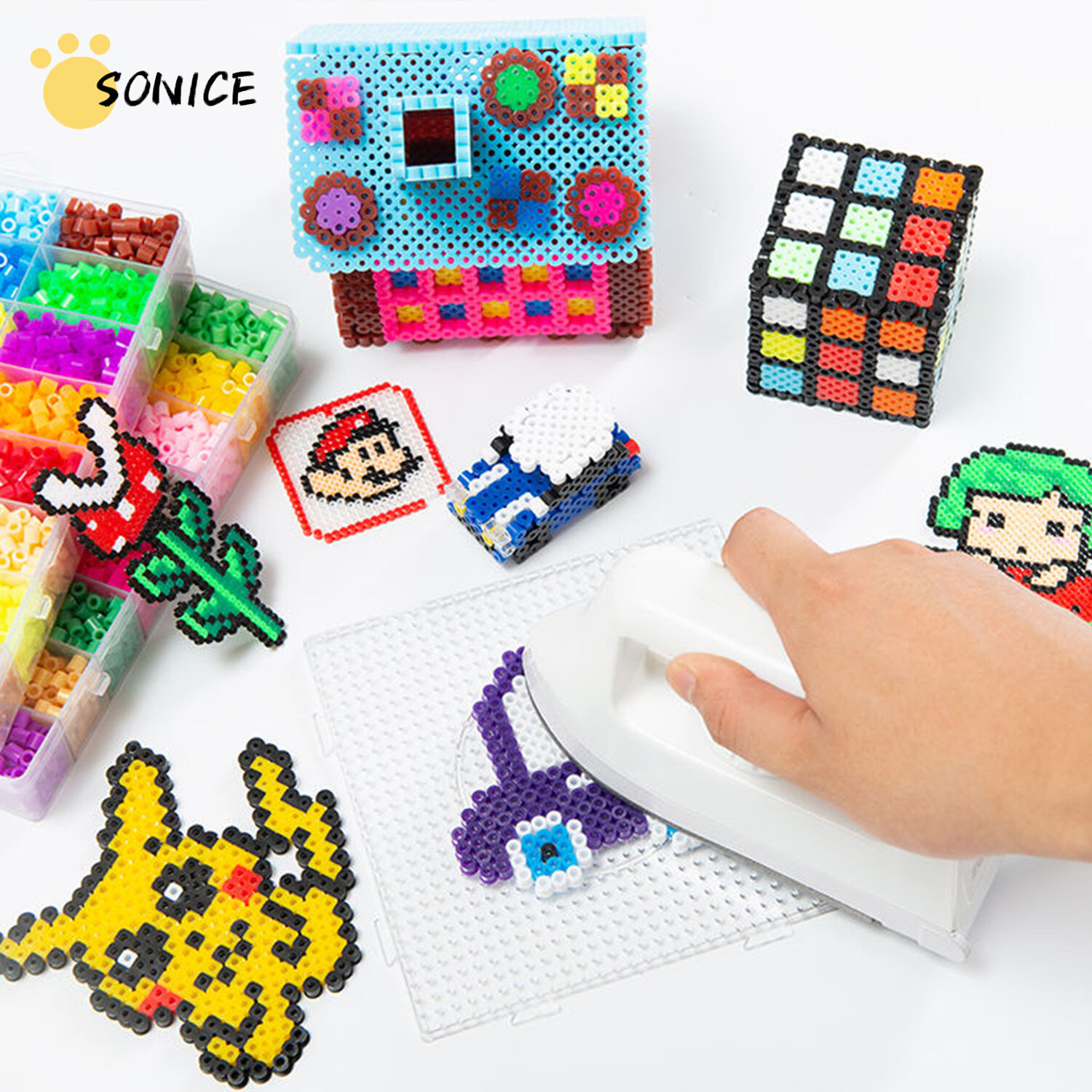 Sonice 7000 PCS Fuse Bead Set for Kids 5mm 24 Colors Full-Size Patterns 3 Pegboards Ironing Paper Storage Case Compatible Kit Best Christmas Gift
